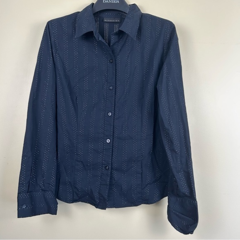 Attention black button‎ front blouse silver threaded size large